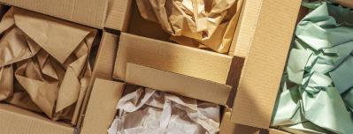 Recycled packaging ,Cardboard boxes with crumpled paper inside for packaging goods from online stores, eco friendly packaging made of recyclable raw materials